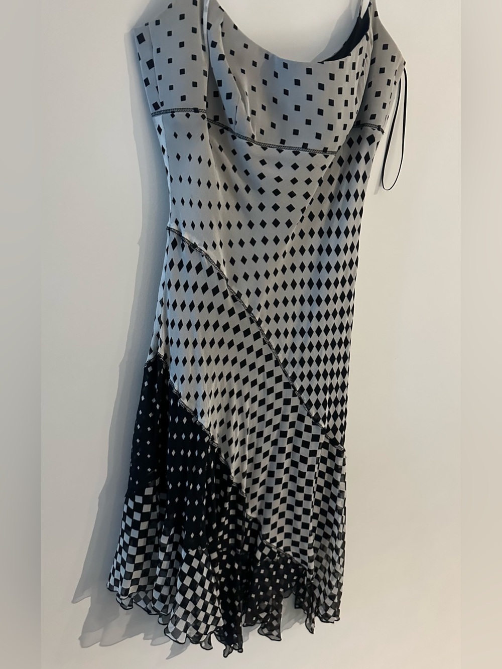 Vintage Y2K ABS Black Gray Geo Print Checker Chiffon Mesh Asymmetrical Dress S